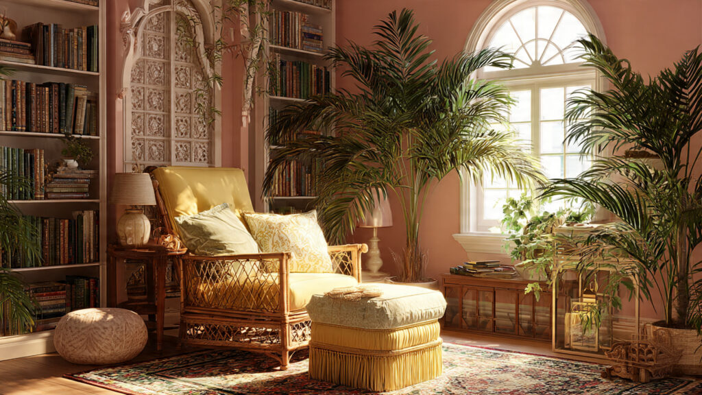 How Can You Transform Your Space Into a Cozy Reading Nook Featuring Tall Palms?