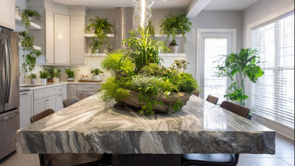 Which Plants Transform a Sleek Modern Kitchen Island into a Green Oasis?